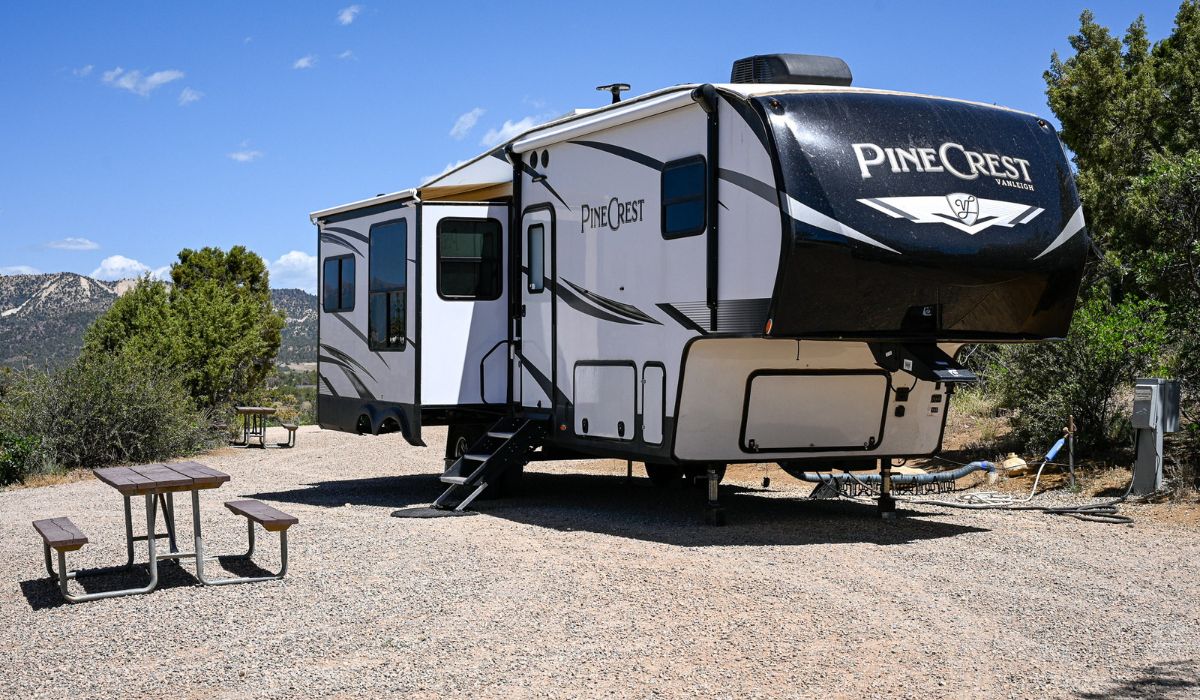 Fifth wheel parked in a campground