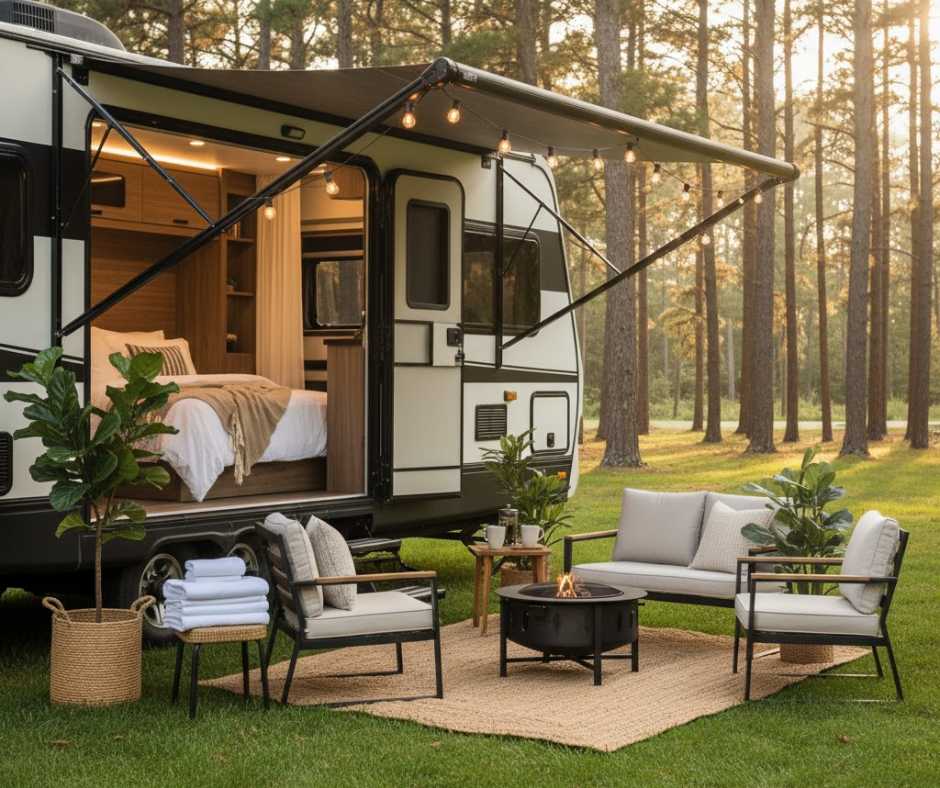 RV being prepared for guests with fresh linens, outdoor furniture being arranged, plants and decor visible, behind-the-scenes hospitality setup