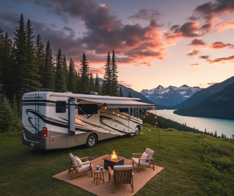 Modern glamping scene featuring a luxury RV parked on private land with outdoor seating, fire pit, and scenic landscape