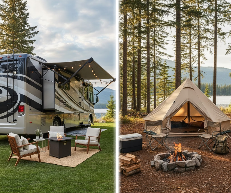 Comparison-style image showing a stylish RV glamping setup on one side and a traditional tent camping setup on the other
