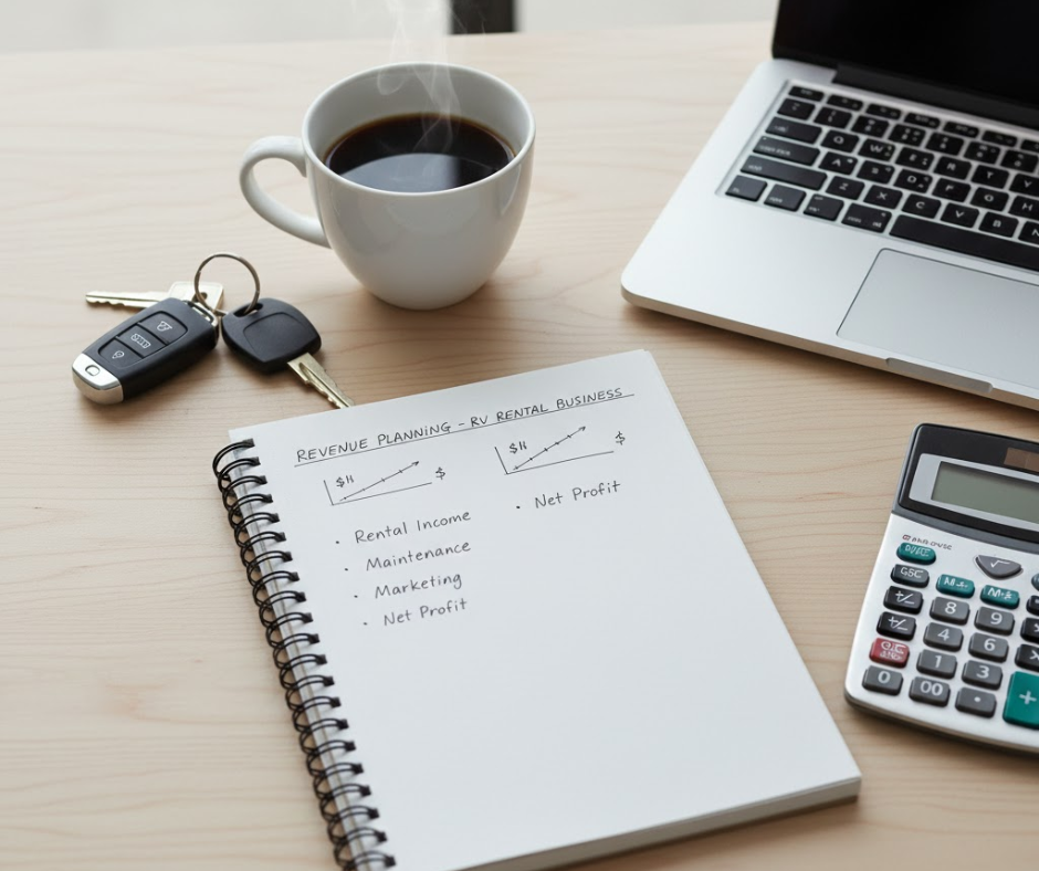 Flat lay of a notebook with revenue planning notes, calculator, laptop, coffee, and RV keys on a wooden table