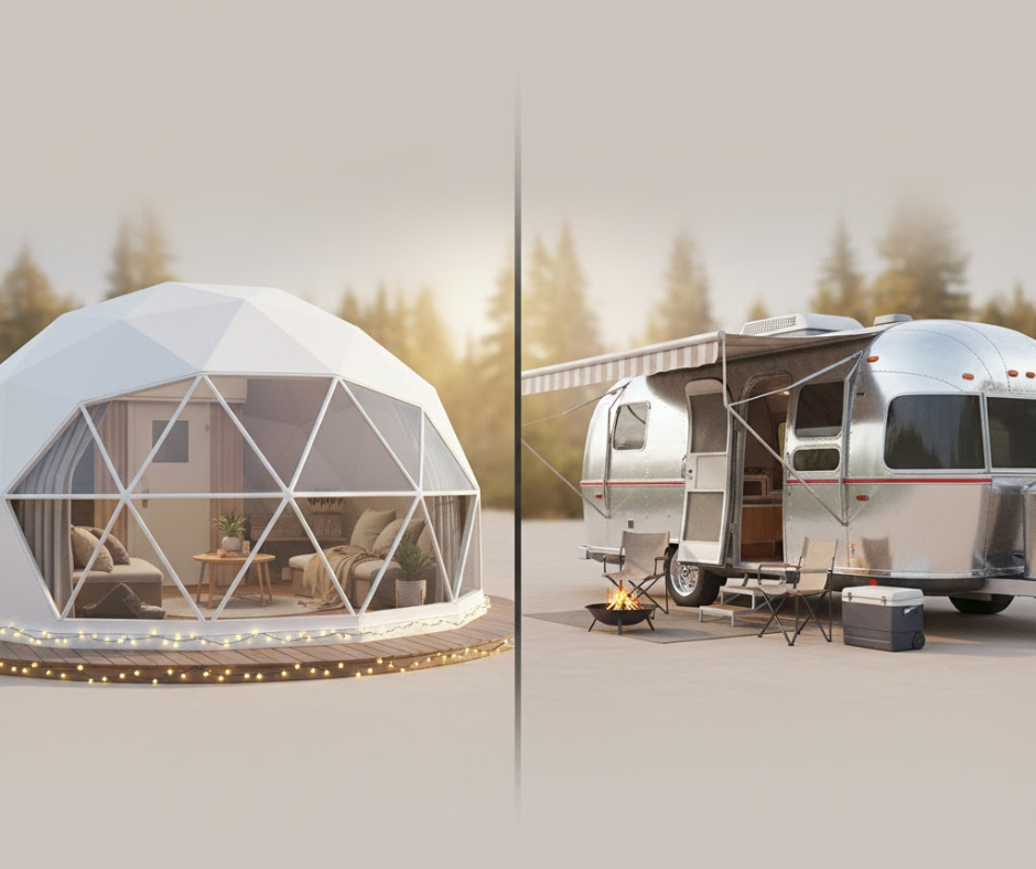 Side-by-side visual showing a geodesic dome glamping unit on one side and a vintage RV glamping setup on the other