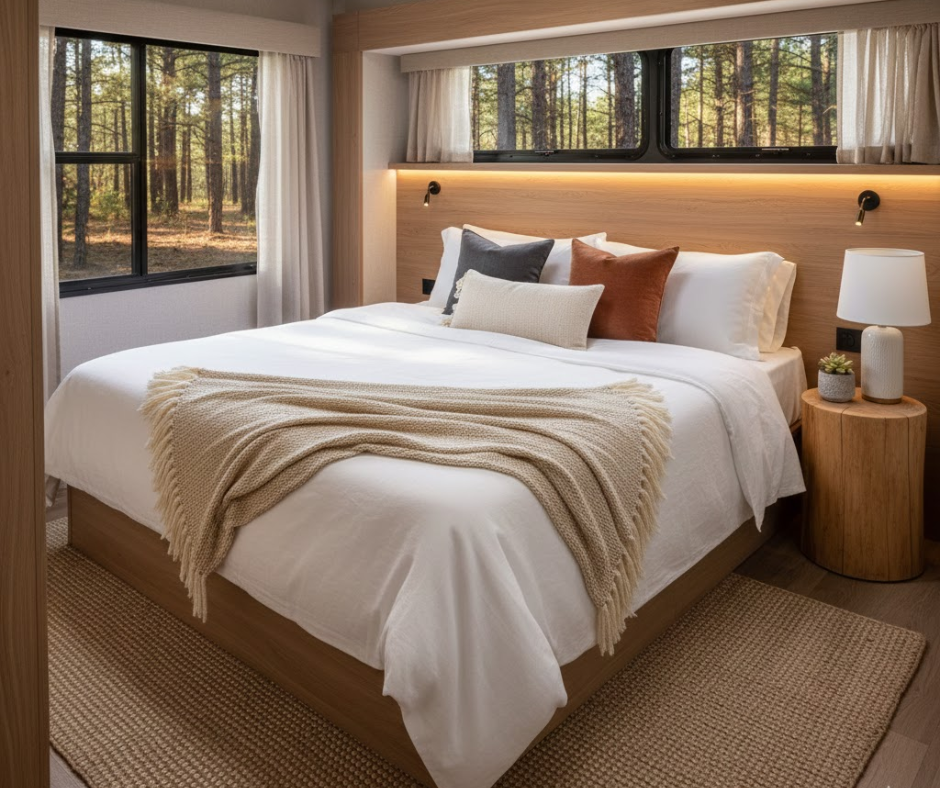 Luxury RV glamping interior with styled bed, high-end linens, natural textures, soft lighting, professional hospitality