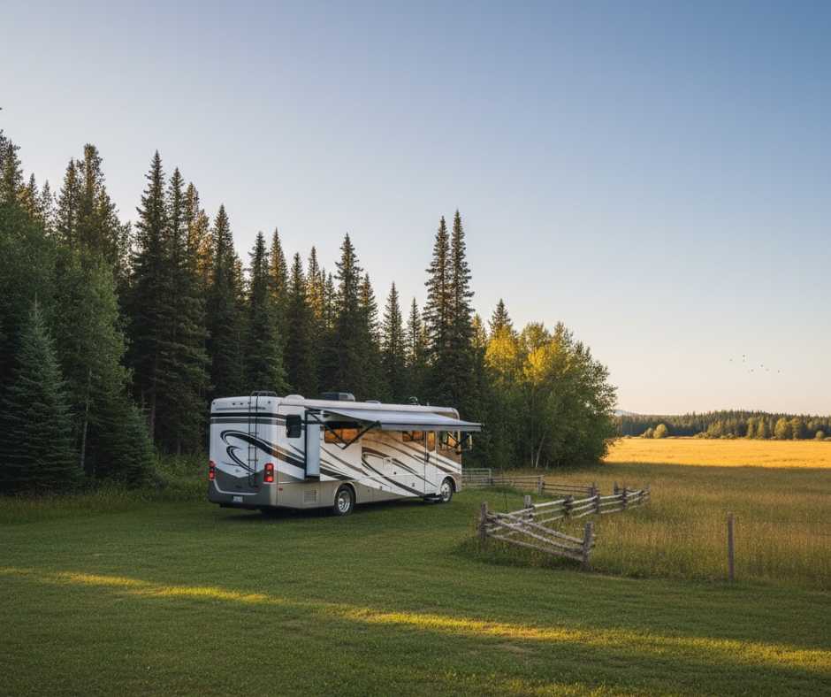 RV placed on private rural land with visible property boundaries, trees and open space, peaceful setting, realistic but neutral, no signage, no text