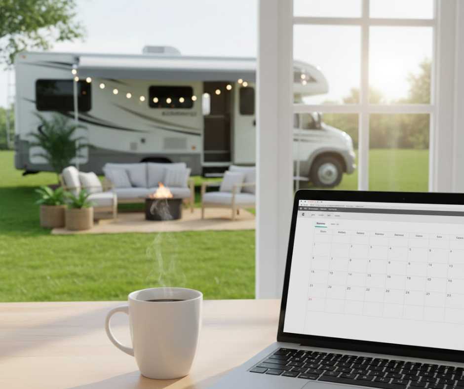Laptop open with booking calendar visible, coffee beside it, RV visible through a window or in background, modern small business lifestyle