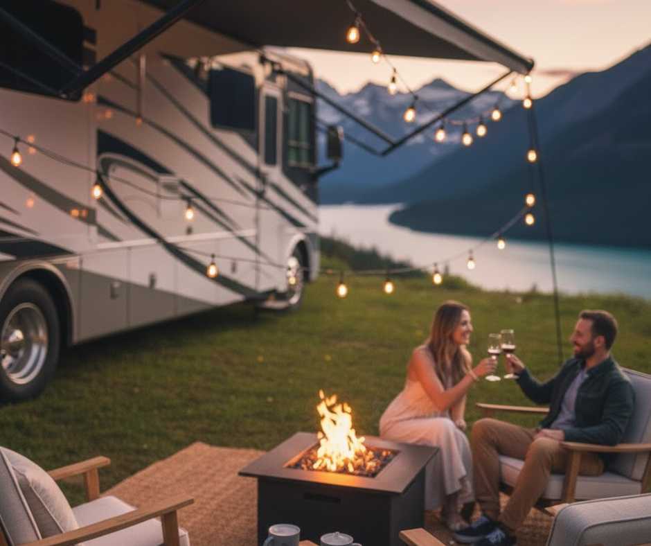 Golden hour image of an RV glamping setup with warm lights on, fire pit glowing, peaceful outdoor scene, aspirational but realistic