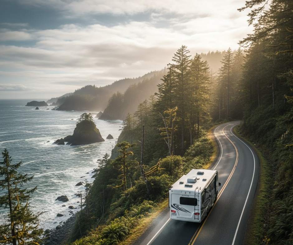 rv driving down a scenic road on the west coast Pacific Rim